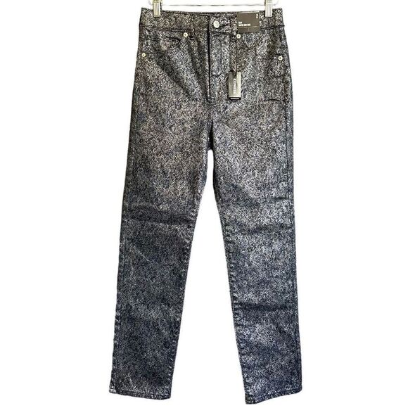 Express Slim Super High Rise Jacquard Silver Metallic Blue Jeans - Picture 2 of 7